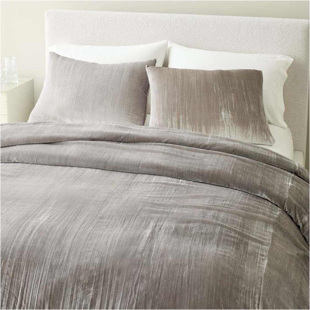 West Elm Crinkle Velvet Duvet Cover & Shams - Pearl Gray, Full/Queen